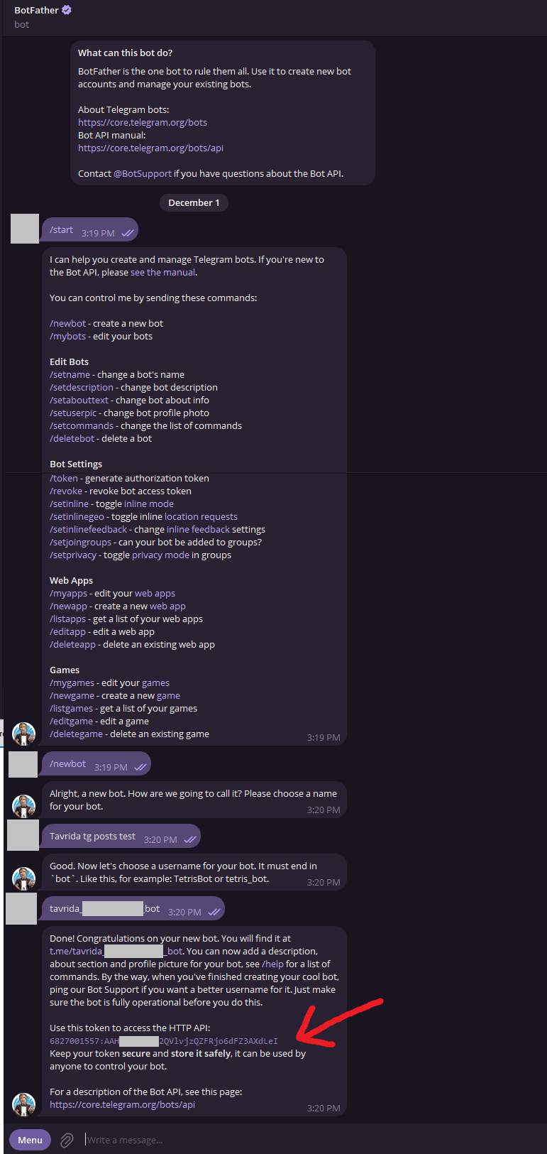 Общение с @BotFather